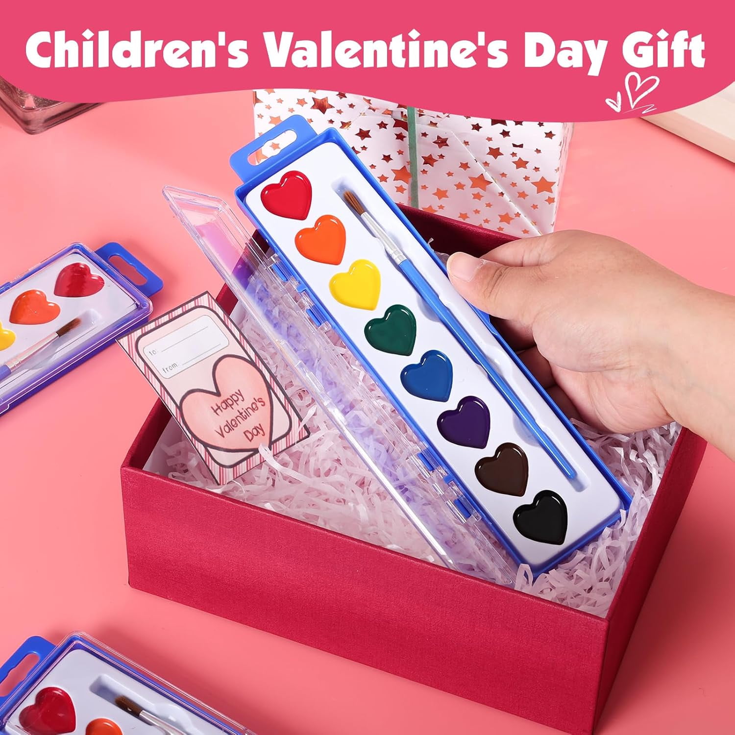 30 Pack Heart Watercolor Paint Set,8 Colors Washable Valentines Water Color Paint Set for Kids with Paintbrush,Watercolor Paint for Prizes Exchange Gifts,Valentine's Day Gifts,Party Favor,Classroom