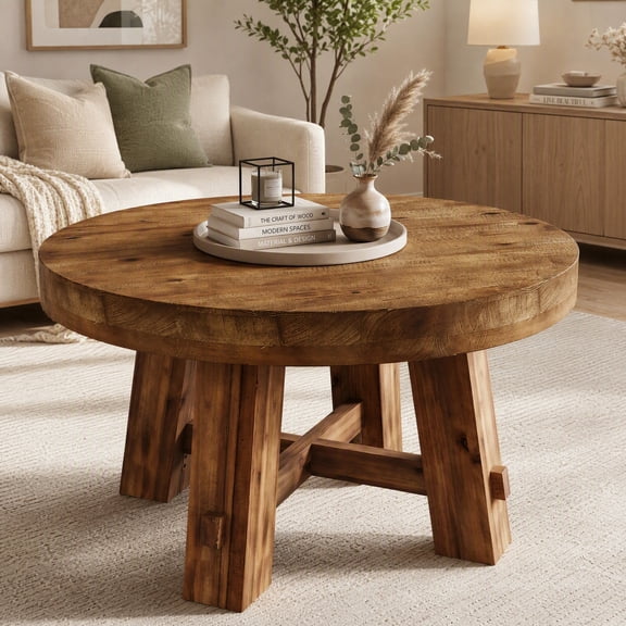 Fnova 31.5" Round Coffee Table, Solid Wood Center Table with Thickened Tabletop, Rustic Brown Coffee Table for Living Room, Apartment, Small Space