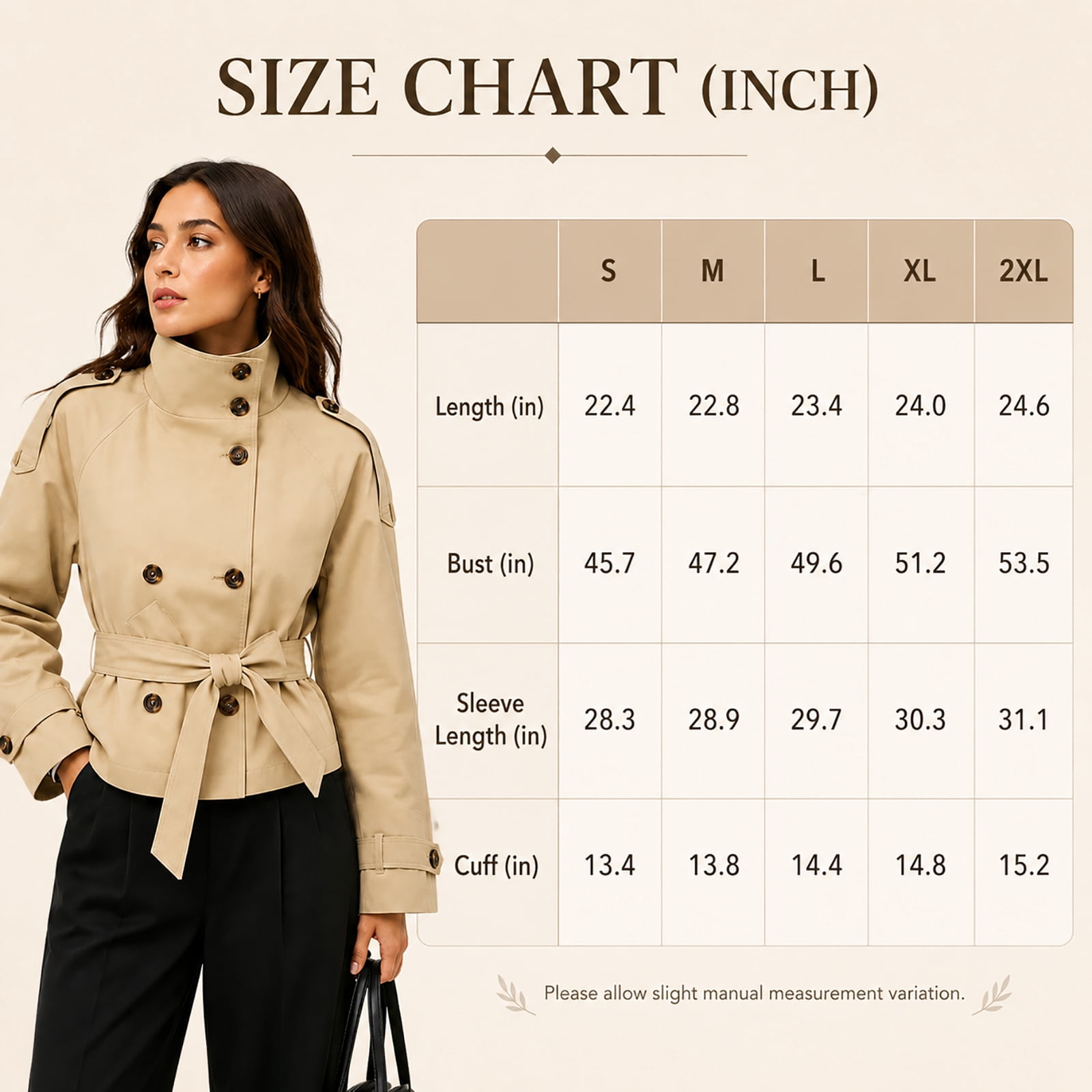 Wrongduck Women's Cropped Trench Coat Double Breasted Jacket with Belt, High Collar Lightweight Wrinkle Resistant Short Coat for Spring Fall