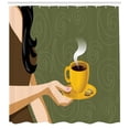 thumbnail image 3 of Coffee Shower Curtain, Half Scene of a Woman Holding a Cup with Hot Beverage and Cookies, Fabric Bathroom Set with Hooks, 69W X 84L Inches Extra Long, Olive Green and Multicolor, by Ambesonne, 3 of 3