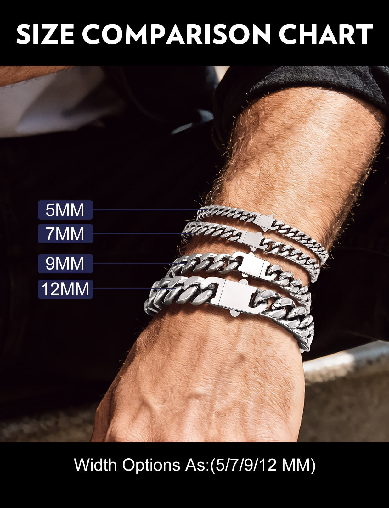 Bandmax 7MM Wide Cuban Chain Bracelet for Men Women Father's Day Gift for Son Dad Husband Stainless Steel Hip Hop Biker Wristlet Anklet Chain Jewelry