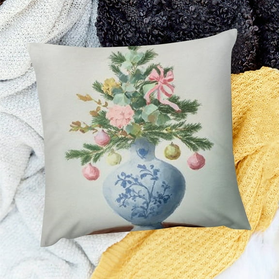 Creowell Chinoiserie Christmas Tree Pillow Cover - Pink Coquette Bows Pillow Cover Blue and White Christmas Tree Room Decor 18x18in