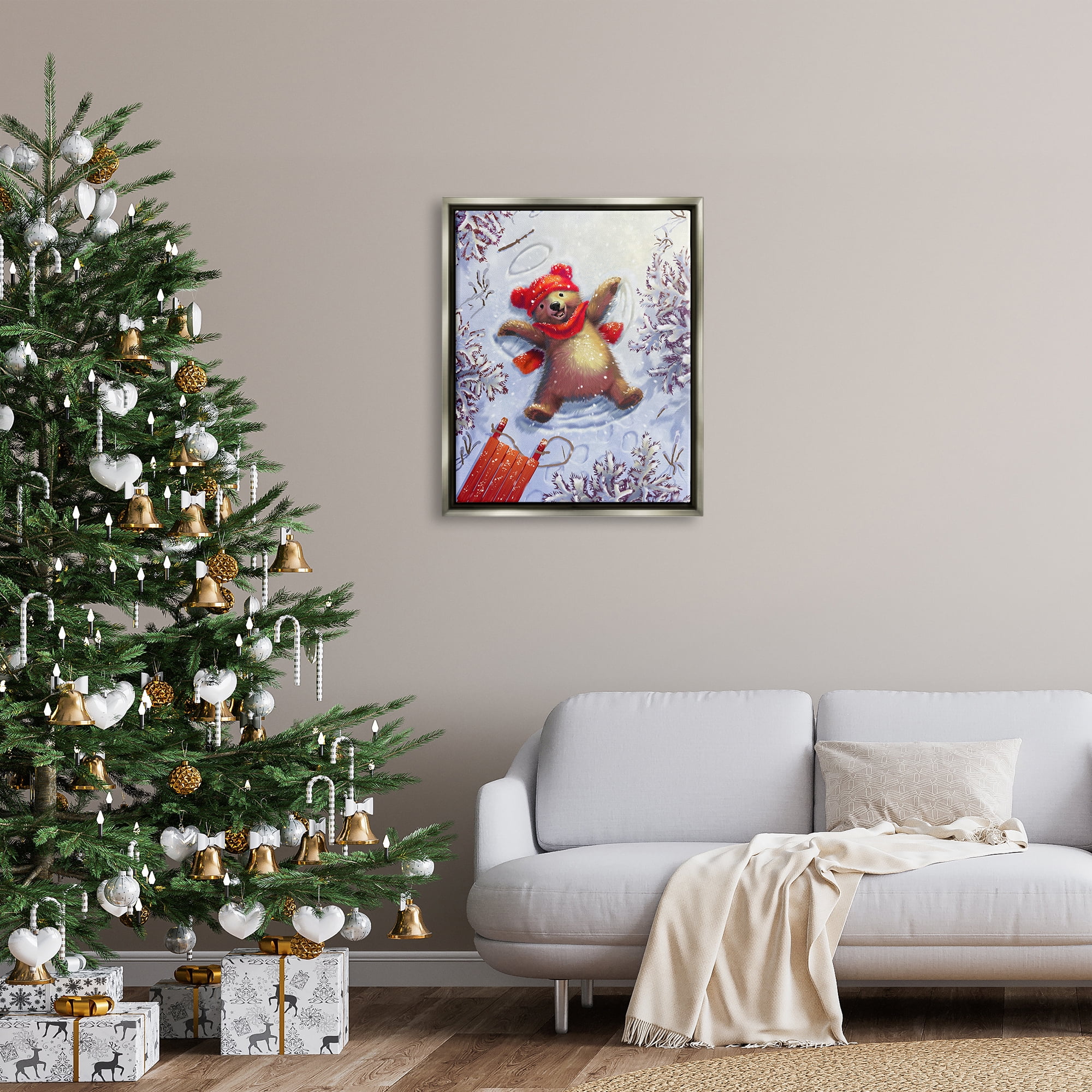 Stupell Industries Bear Cub Snow Angel Sled Holiday Painting Gray Floater Framed Art Print Wall Art