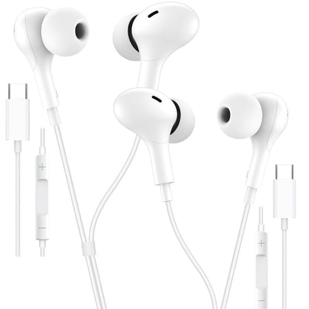 2 Pack TTech Type C Wired Headphones USB-C Earbuds Earphones Compatible with iPhone 16 Pro Max / 16 Pro / 16 Plus / for Samsung Galaxy S24/S23/S22/S21 Ultra, Google Pixel 8/7/6/6a, White