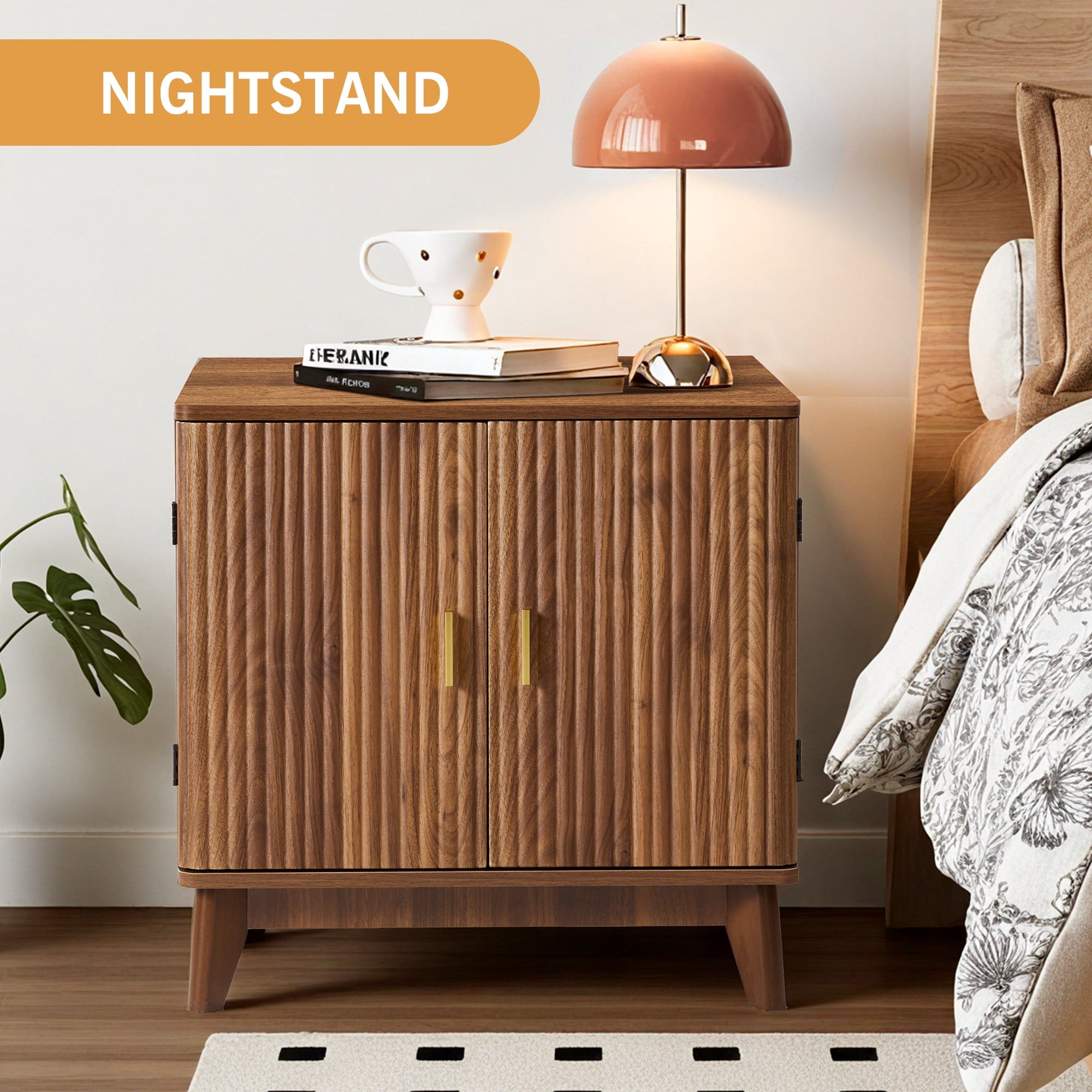 YOCWO Fluted Square Nightstand with Charging Station for Bedroom, Wood End Table with 2 Door for Living Room, Walnut