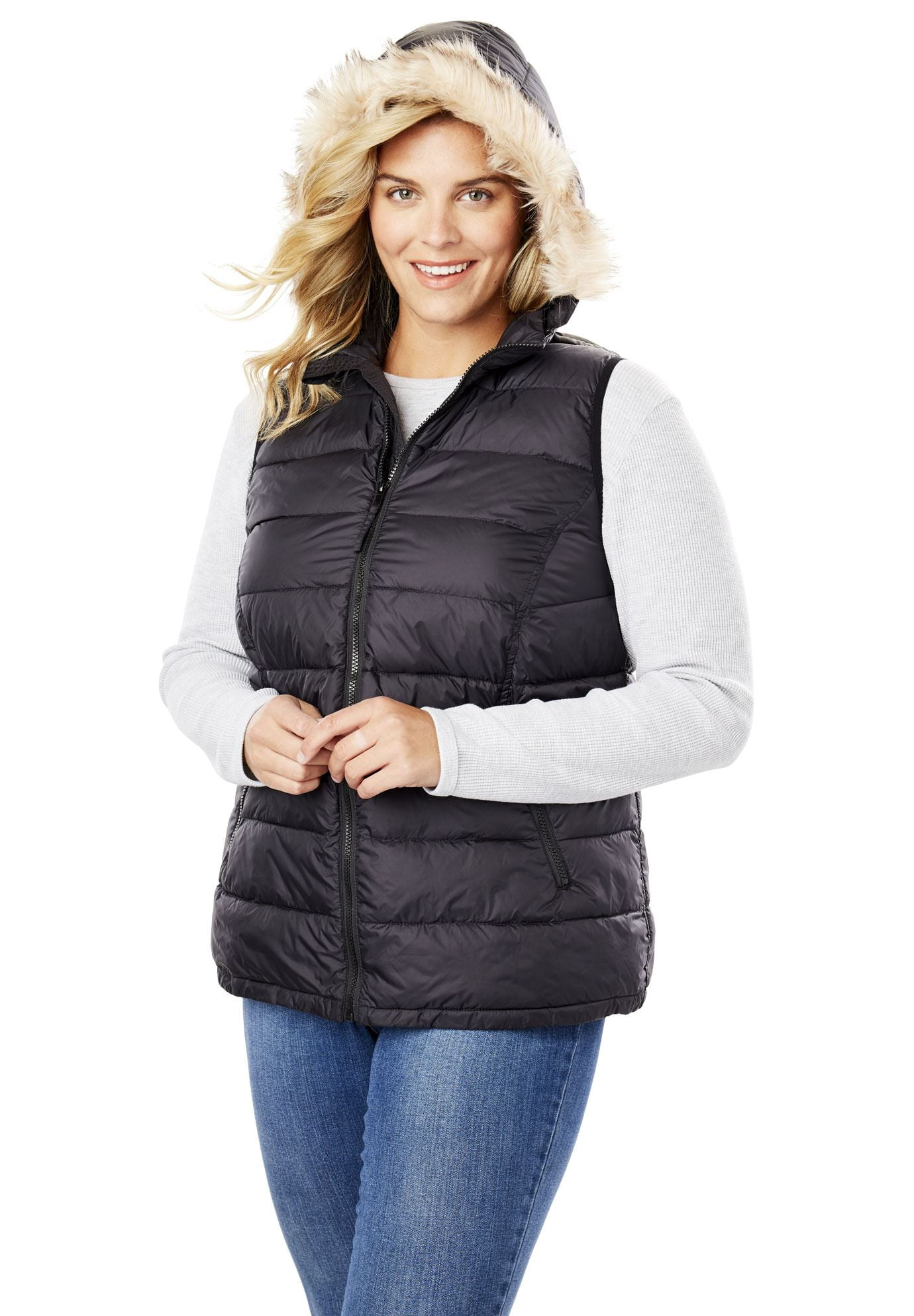 puffer vest with fur hood womens