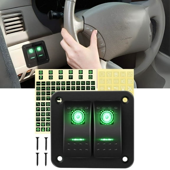 Waywe 2 Gang Rocker Switch Panel 12V 24V DC Green Switches Aluminum Panel 5Pin on/off PreWired Toggle Switch Panel Waterproof for Cars Boats ATVs UTVs
