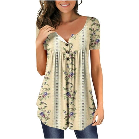 

T Shirts for Women Plus Size Blouses for Women Dressy Women s Floral Print Tunic Blouse Short Sleeve Tshirts High Neck Button Bra Top Blusas Para Mujer Casuales Y Elegantes