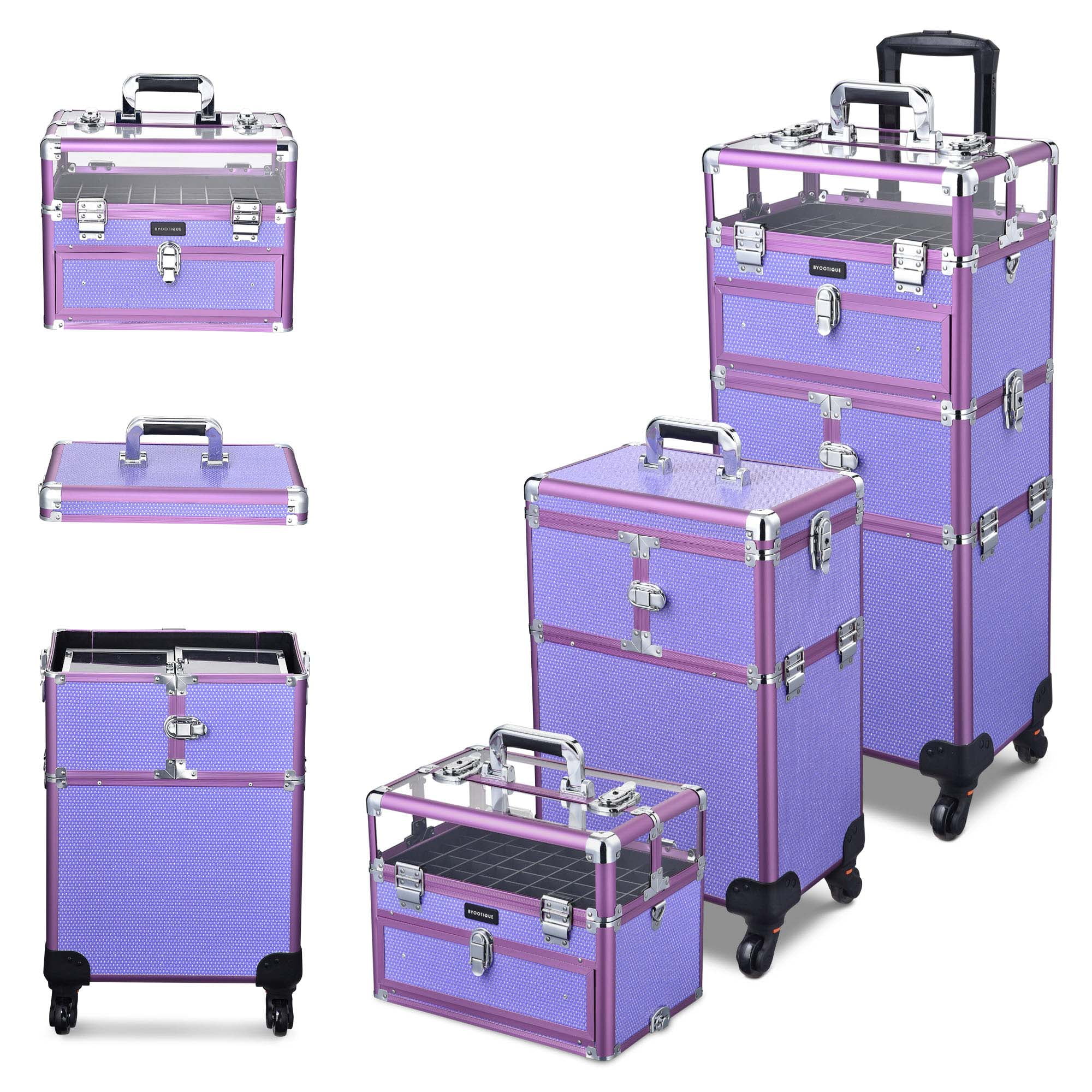 OUKANING 3-Tier Rolling Makeup Case Nail Polish Storage Box Cosmetic  Trolley Travel Organizer PU w/Rolling Wheels Purple