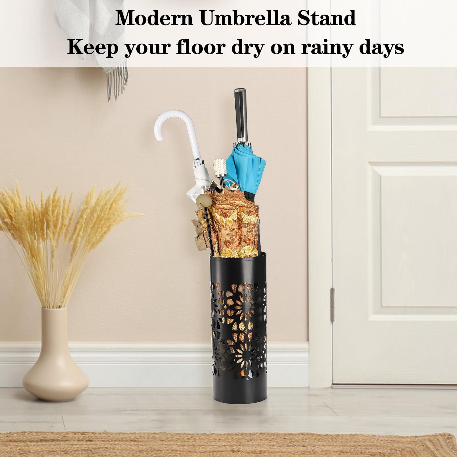 Metal Umbrella Holder  Free Standing Stand For Entryway Canes Walking Sticks Home Office 6.7" X 16.5" Round Black