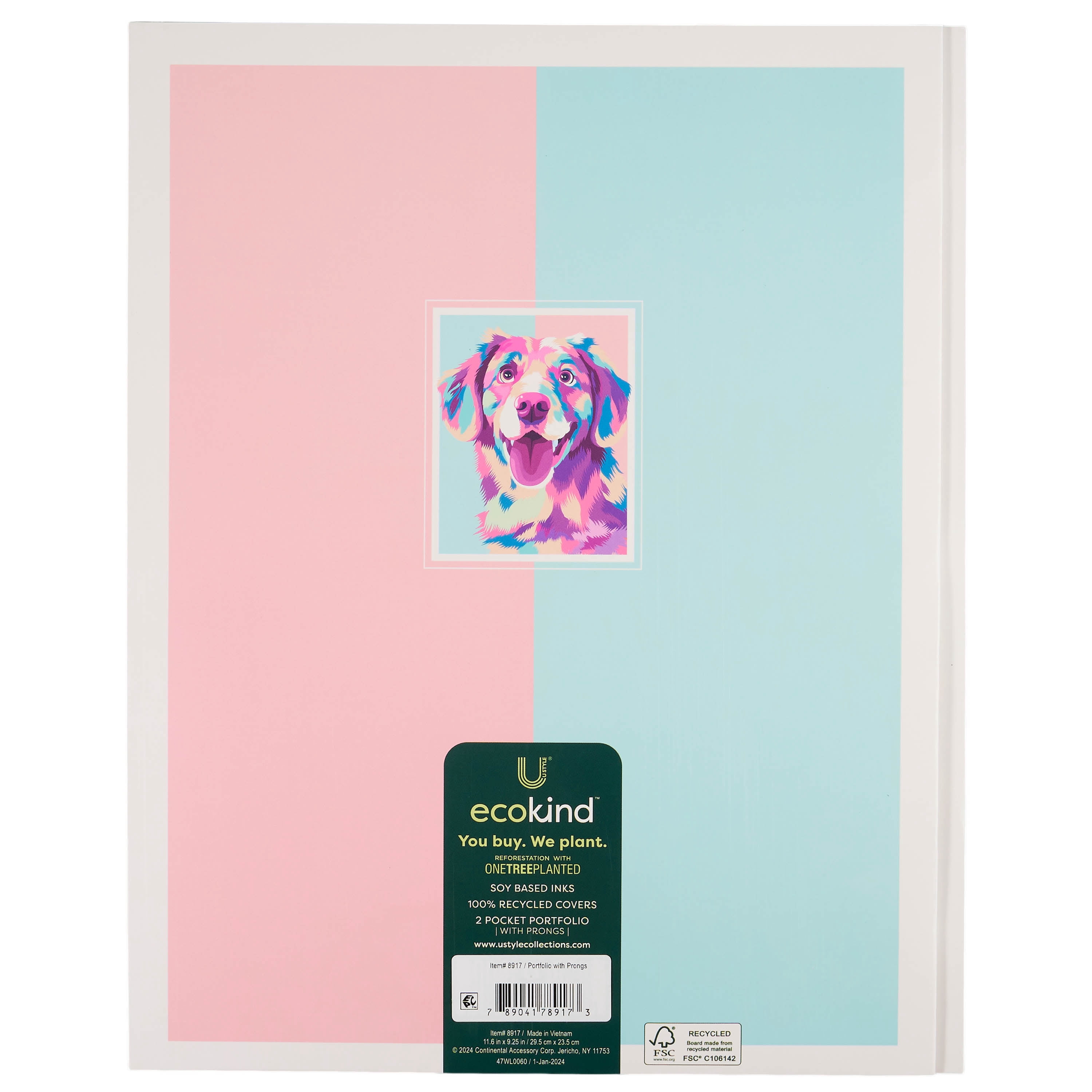 Ecokind by U Style Pastel Dog Two-Pocket Folder with Prongs, 11.6" x 9.25"