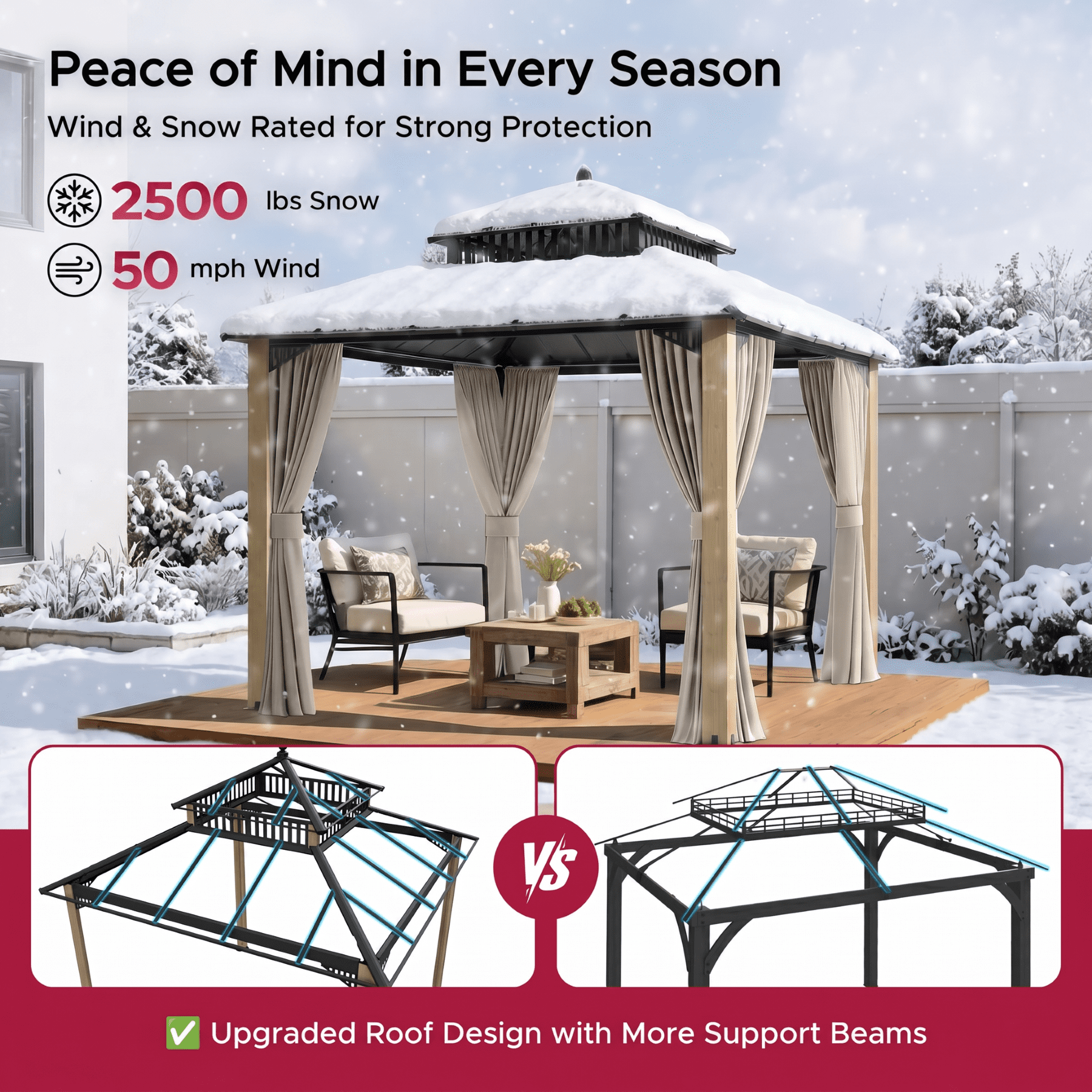 SUNJOY Kingston 10x10 Gazebo with Metal Roof , Curtain, and Netting - Cedar Posts