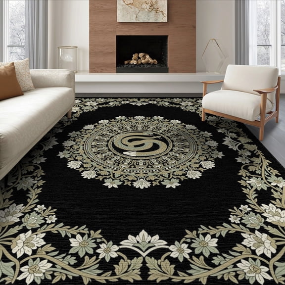 ODIKA 8'x10' Washable Area Rug Non-Shedding, Easy Care, Floral Boho Medallion Design With Vintage Vine Accents Snake Flowing Dynamic for King Size Bedroom Under Bed, Master Suite