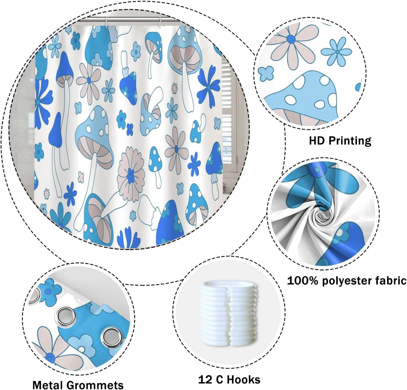 Blue Mushrooms Bathroom Shower Curtain Retro 70s 60s Funky Floral Hippie Boho Style Shower Curtain Washable Durable Fabric Home Decorative Shower Curtain with Hooks, 36x72 Inch