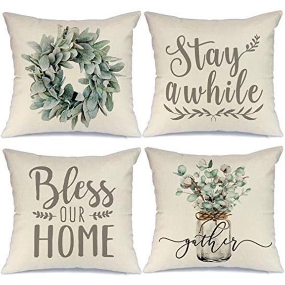 BOOM Farmhouse Decorative Pillow Covers 18x18 Inch Set of 4 Lamb's Ear Grapevine Wreath Eucalyptus Vase Decorative Throw Pillow Covers Home Decor for Couch Sofa