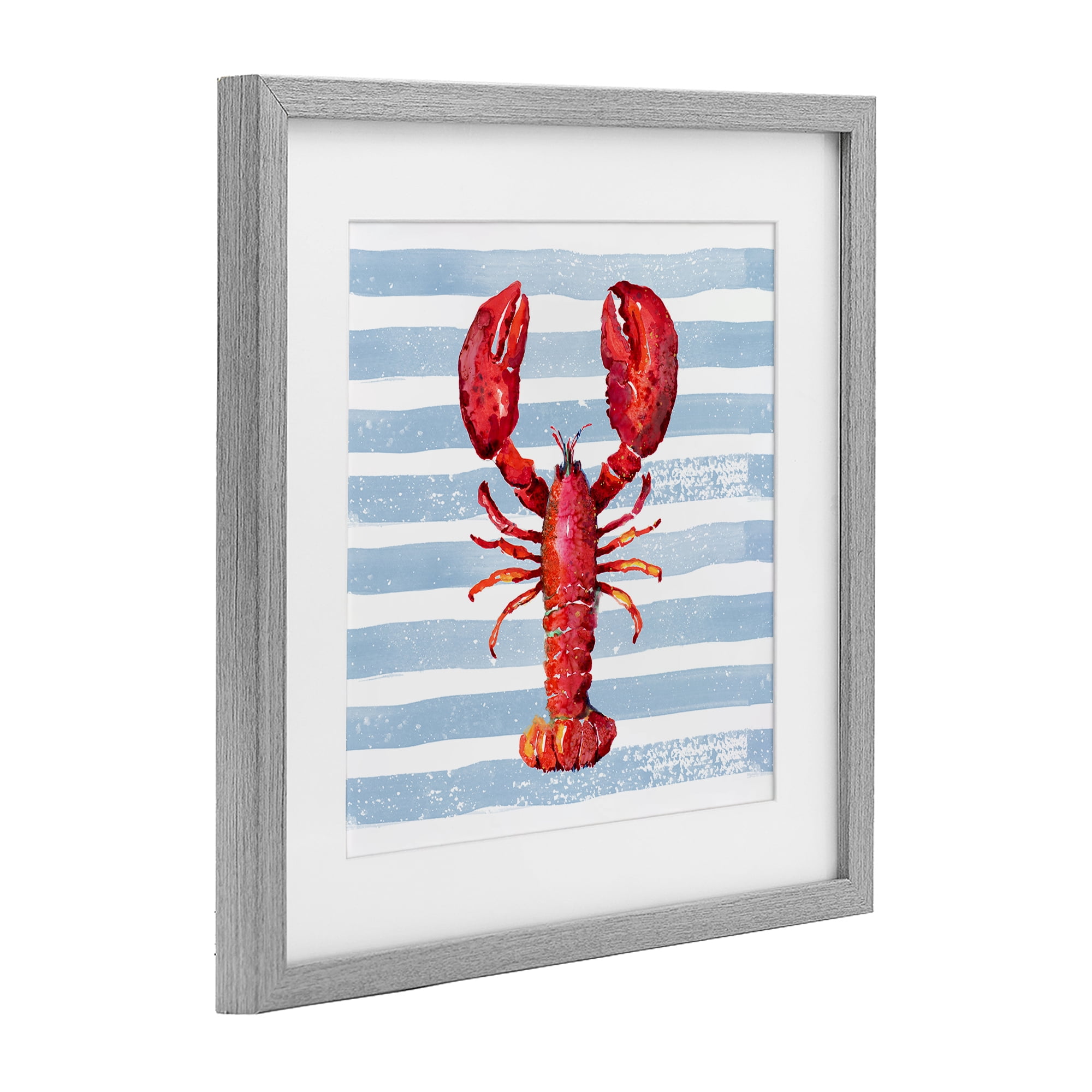 Stupell Industries Red Lobster on Blue Stripes Gray Framed Print Under Glass, design by Patricia Pinto