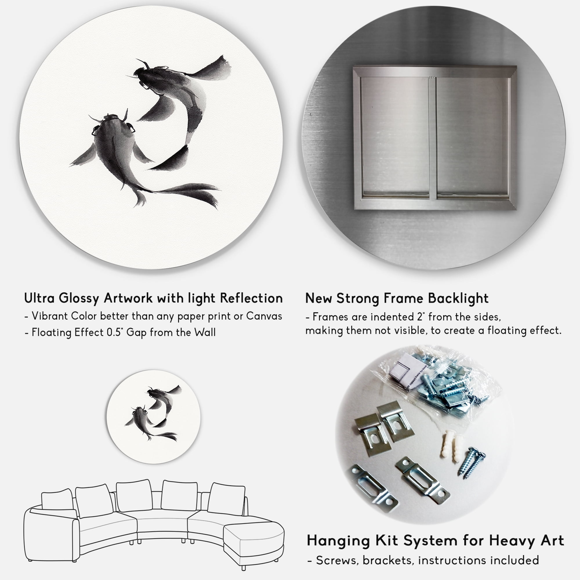 Designart 'Black and White Vintage Fish II' Nautical & Coastal Circle Metal Wall Art 36x36 - Disc of 36