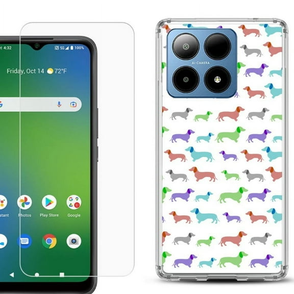 For Boost Mobile Summit 5G Shockproof Phone Case Cover with Tempered Glass Screen Protector, by OneToughShield - Colorful Dachshund/Puppy