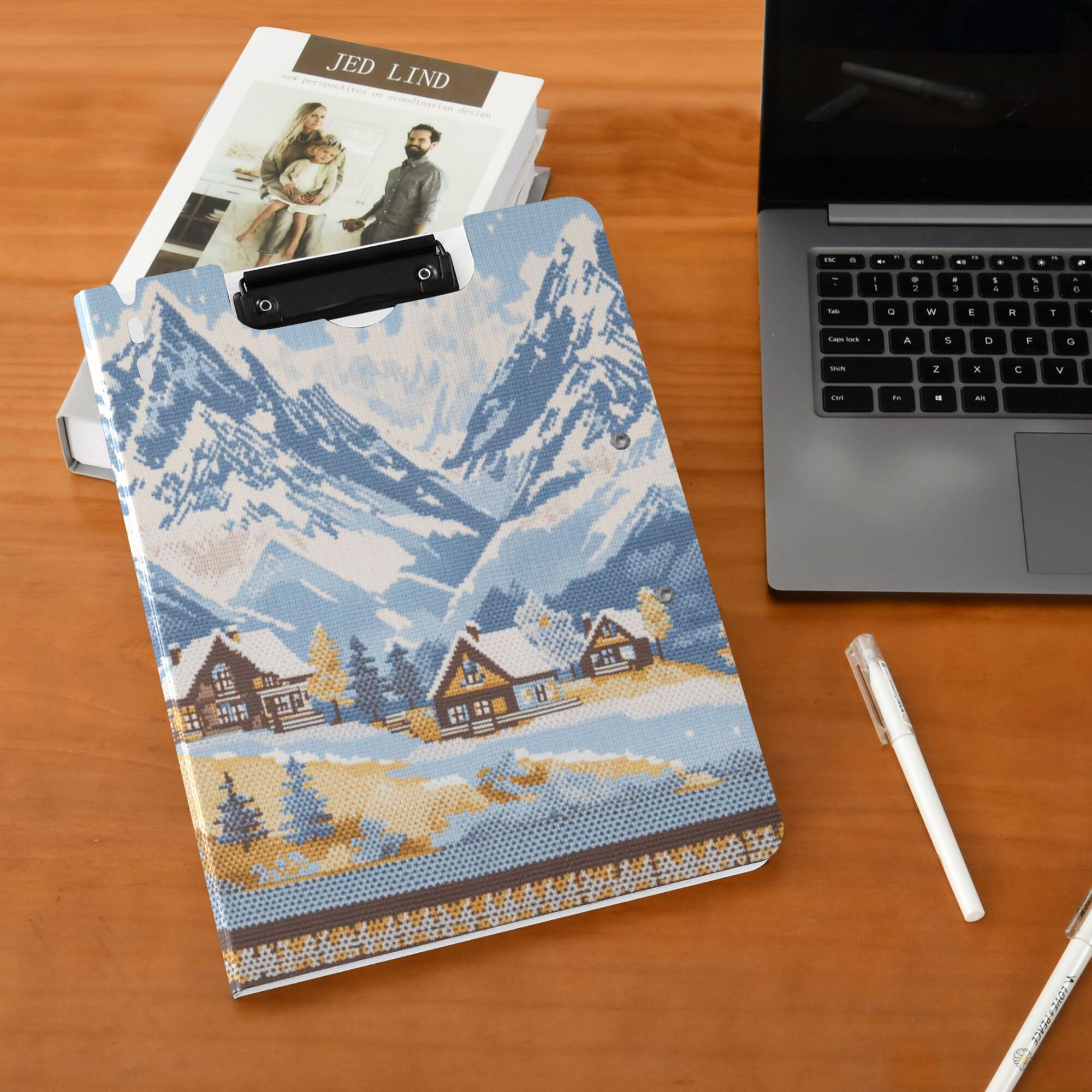 FORMRS A4 Clipboard Folder with Pen Holder Horizontal Foldable School Office Binder, Winter Mountain