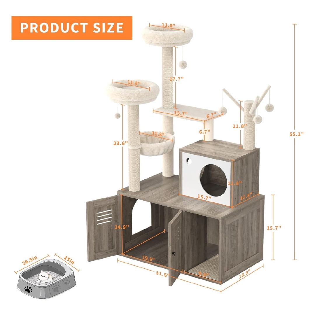 Large Cat Tree with Litter Box Enclosure,3-in-1 Cat Tower, Hidden Pet Washroom Litter Box Furniture,Wooden Multi-Level Cat Condo Furniture with Sisal Scratching Posts,Soft Plush Perch, Hammock