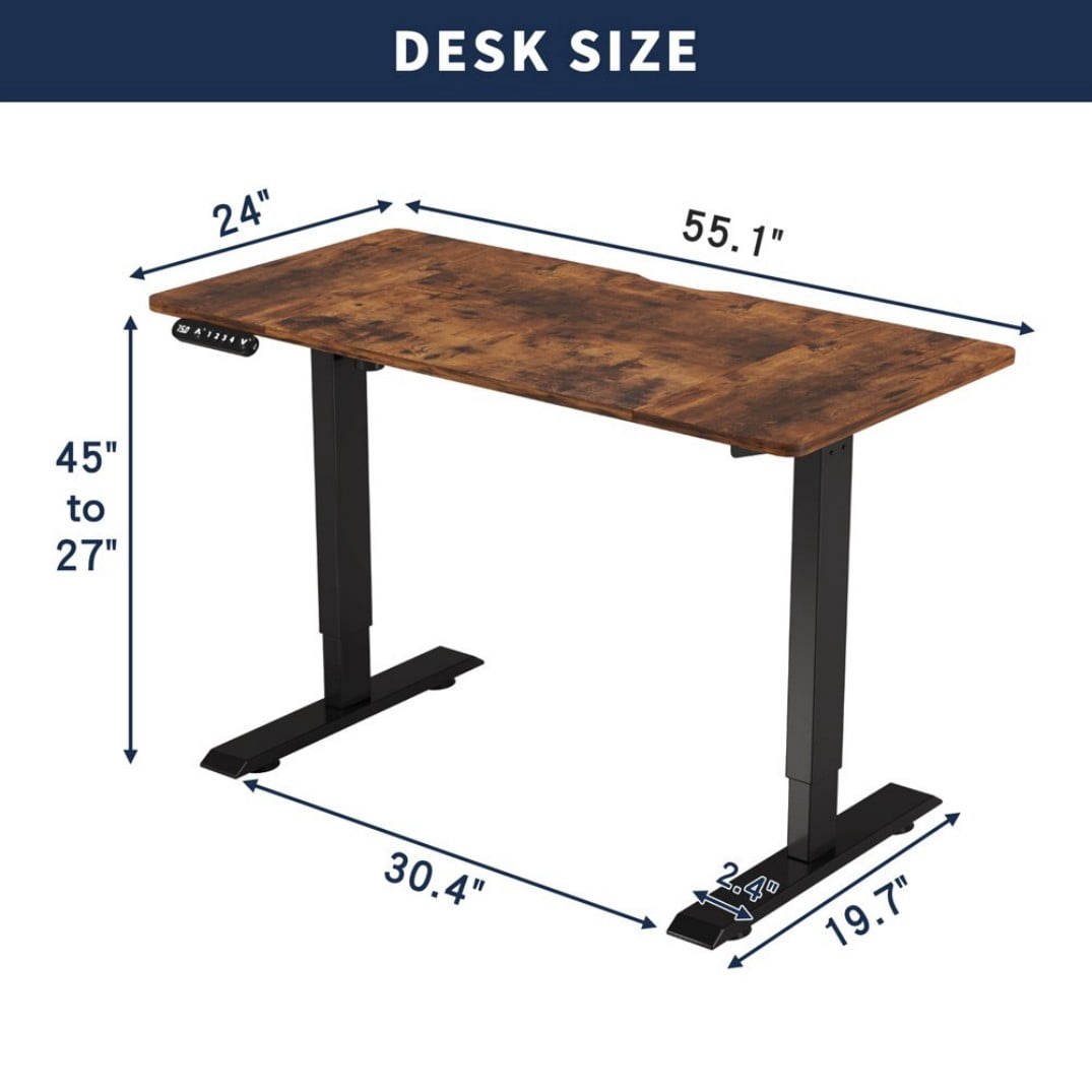 55" x 24" Electric Standing Desk, Height Adjustable Desk 27.75"-45.86", Brown Computer Desk with Memory Presets & Type-C Charging