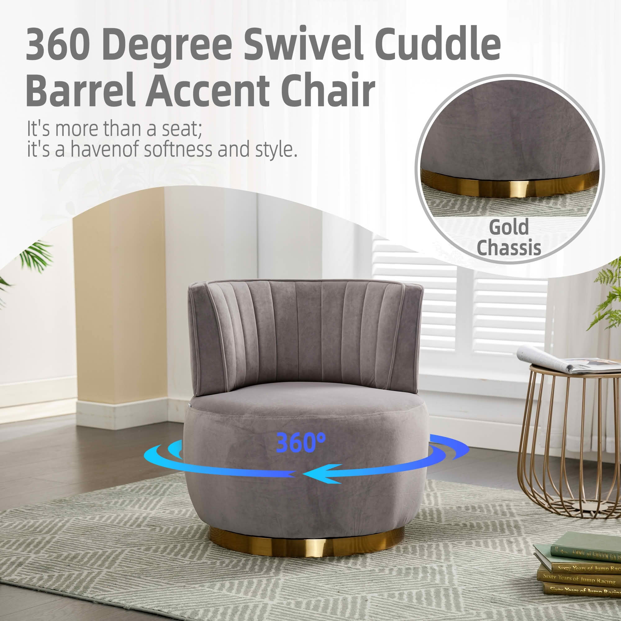 MAYEERTY 360 Degree Swivel Cuddle Barrel Accent Chair, Round Velvet Armchair, Gray, for Living Room Bedroom