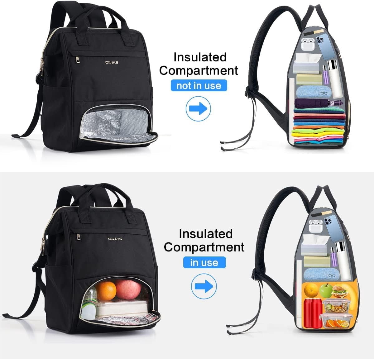 OIWAS Lunch Bag Laptop Backpack Insulated Cooler with USB Port for Men Women, Fits 15.6 inch Laptop, Black