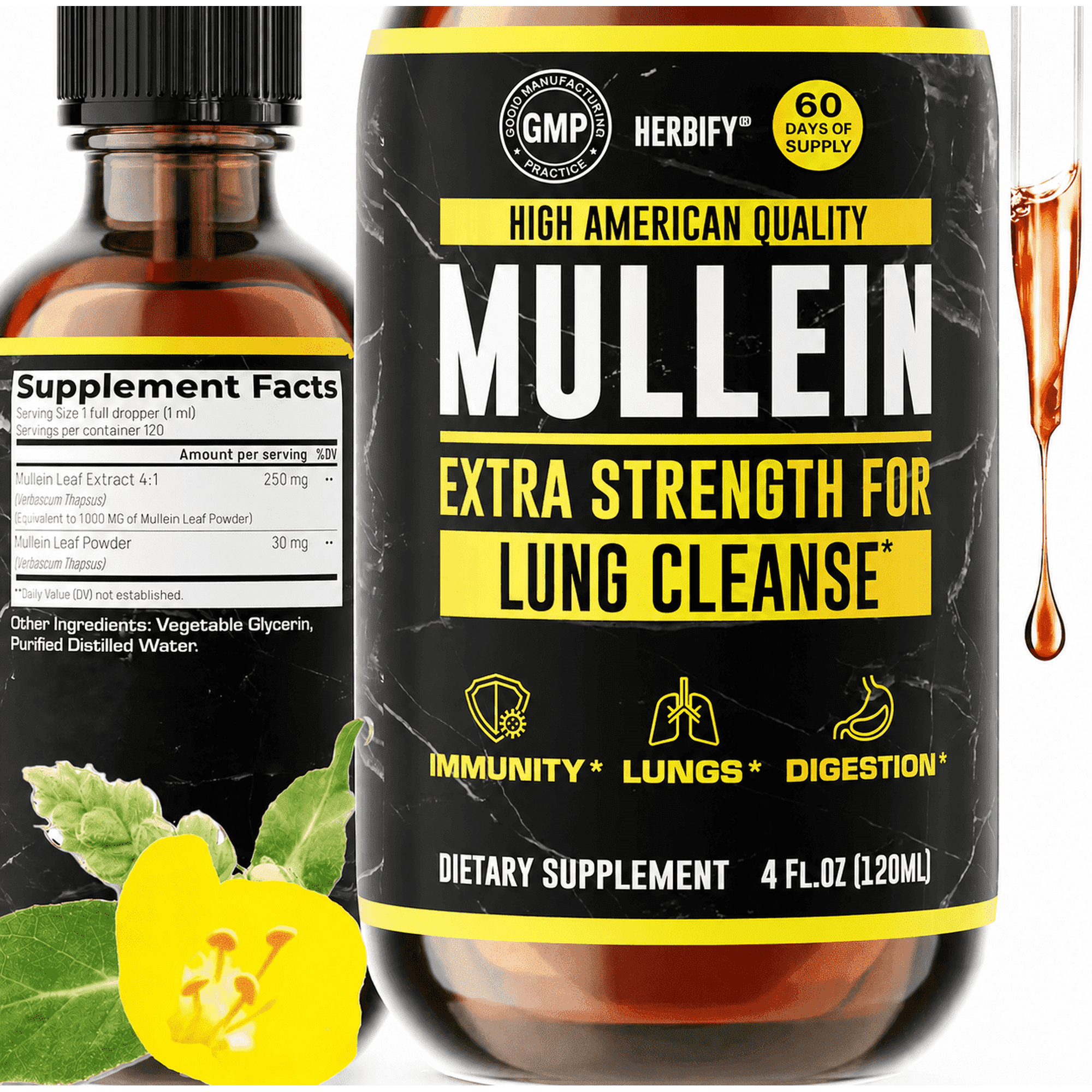 HERBIFY Mullein Drops - Lung Cleanse - Leaf Extract - Powerful Mullein for Immune Support, Detox & Respiratory Support - Lung Cleanse for Smokers - 4 Oz