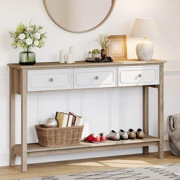 LAZZO Entryway Table with Storage Console Table with 3 Drawers and Open Shelf Behind The Couch Sofa Tables Narrow Long for Entry, Hallway, Foyer, Living Room Brown and White