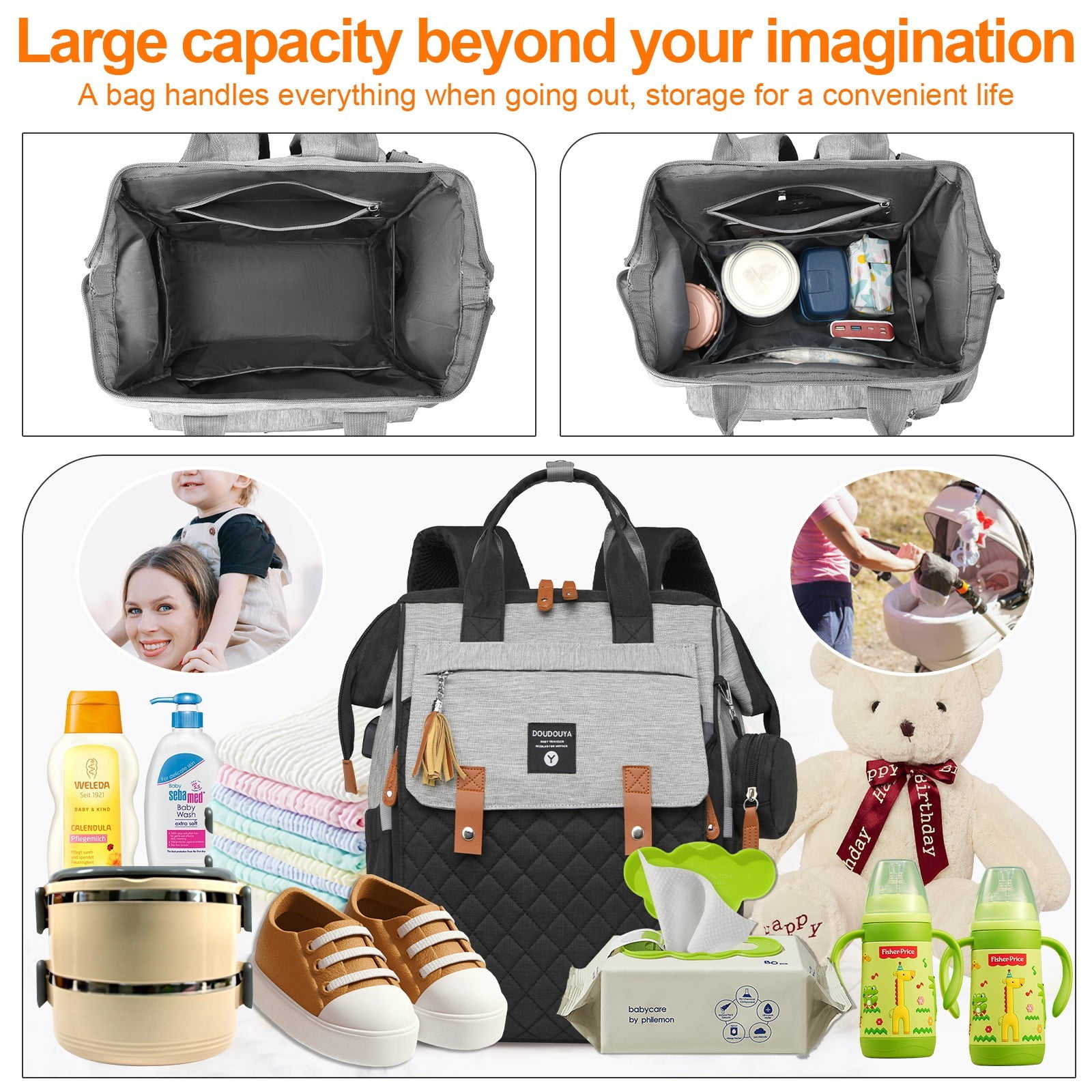 TOPCHANCES Diaper Bag Backpack, Multifunctional Baby Bag with Changing Station, 45L Large Capacity Baby Diaper Bags for Outdoor Travel (Black & Gray)