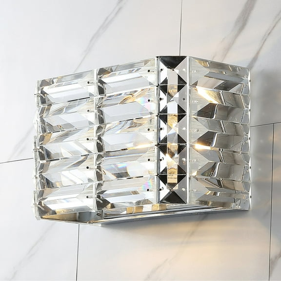 JONATHAN Y Evelyn Crystal Rectangle 10" 1-Light Iron/Crystal Glam Modern LED Vanity Light, Chrome