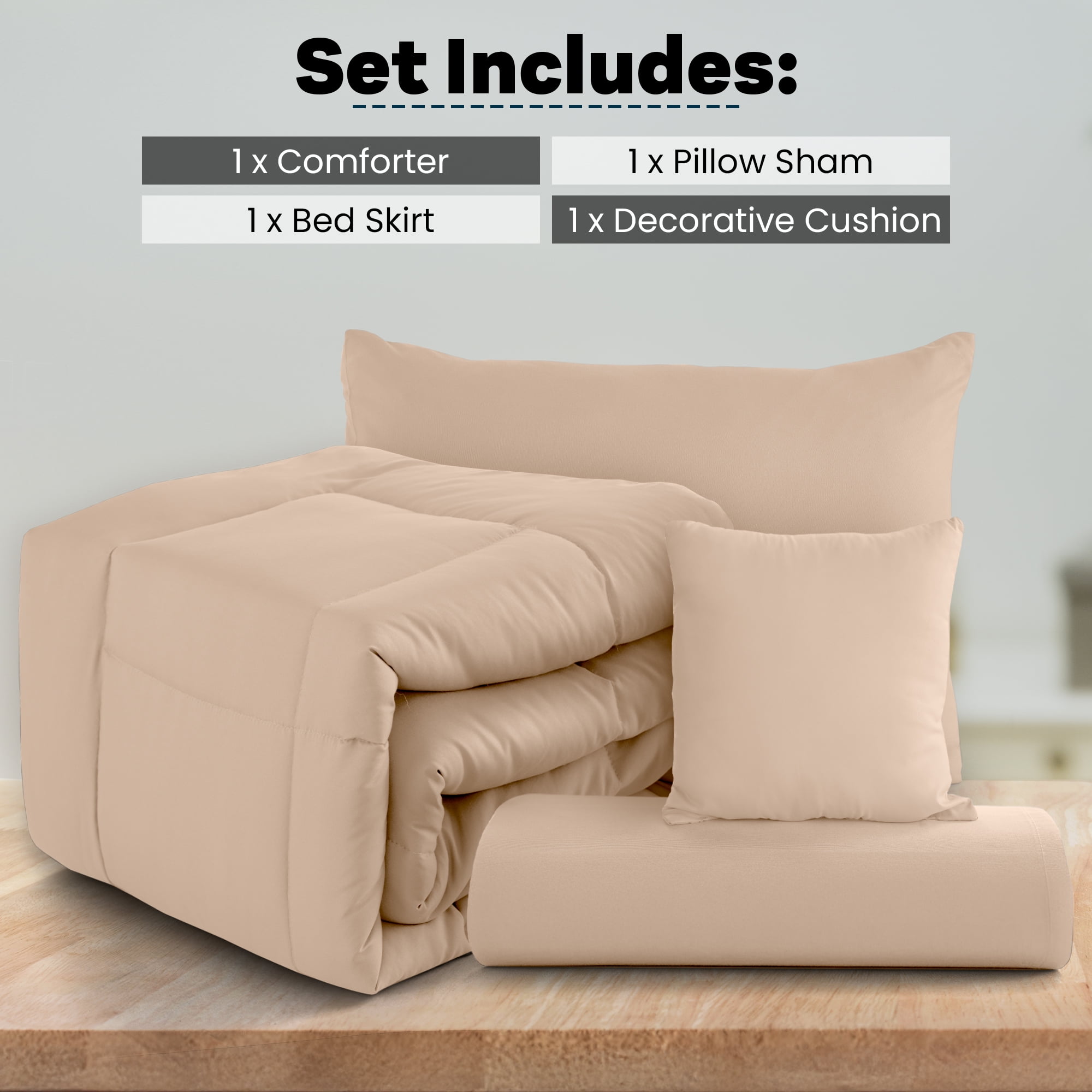 Lux Decor Twin Comforter Set 4 Piece - Ultra-Soft All-Season Bedding Set Includes Down Alternative Comforter, Pillow Sham, Decorative Cushion & Bed Skirt (Beige)