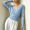 thumbnail image 6 of XUNKUSGA Sweaters for Women Fashion Wrap Cross V Neck Long Sleeve Knit Sweaters Classic Solid Color Slim Fit Pullover Sweaters Lightweight Soft Knit Tops for Women Sky Blue M, 6 of 7