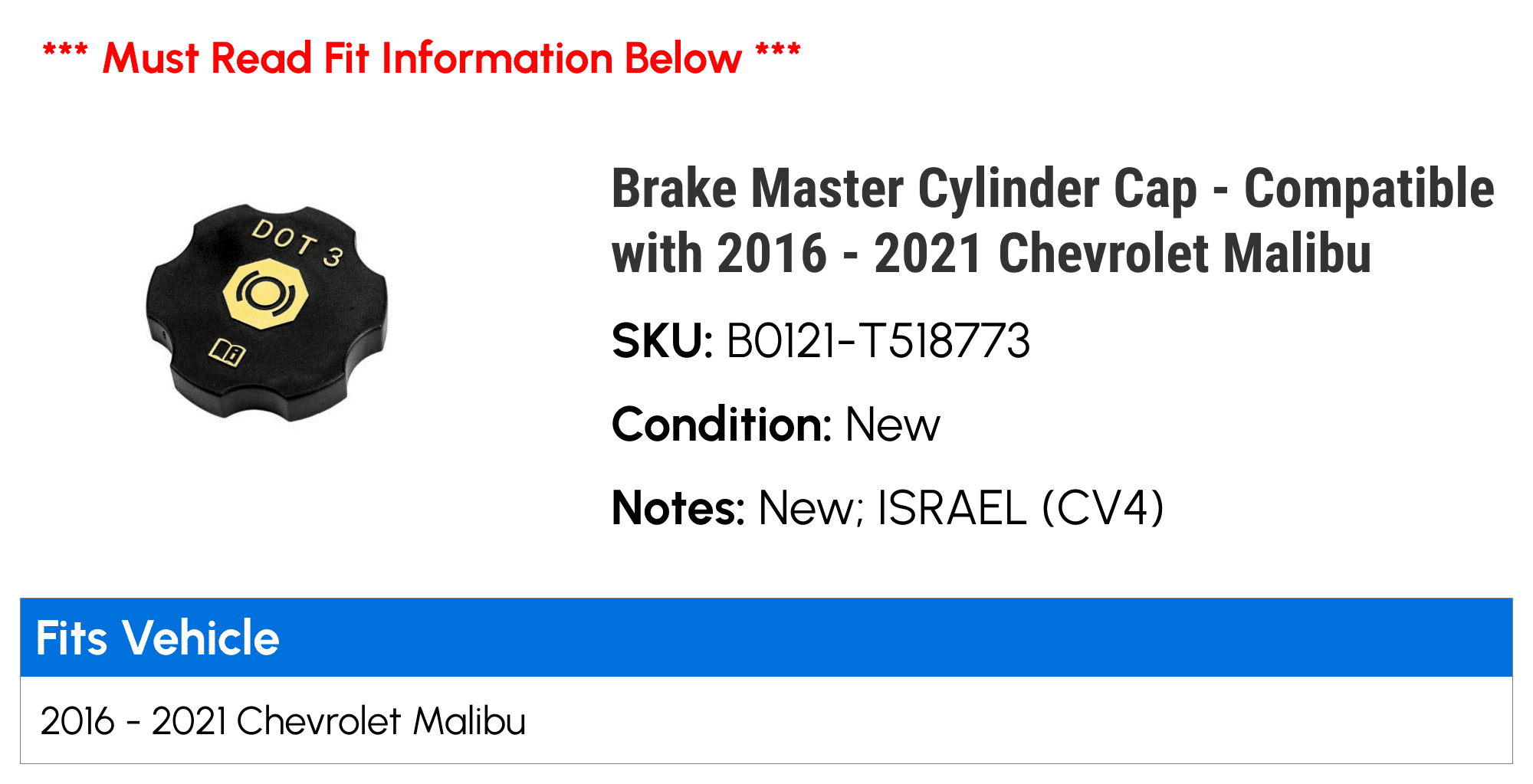 Brake Master Cylinder Cap - Compatible with 2016 - 2021 Chevy Malibu 2017 2018 2019 2020