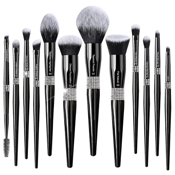 16Pcs ULTRA SOFT Labeled Pro Makeup Brushes Set with Foundations Powder Blush Concealer Blending Eyeshadow Contour Brush (12Pcs Shiny Black)