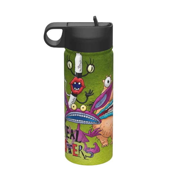 Aaahh!! Real Monsters Kids Insulated Water Bottle With Straw - 18 Oz Stainless Steel Double Wall Vacuum Cup, Leakproof, Bpa Free, Suitable For Boys And Girls