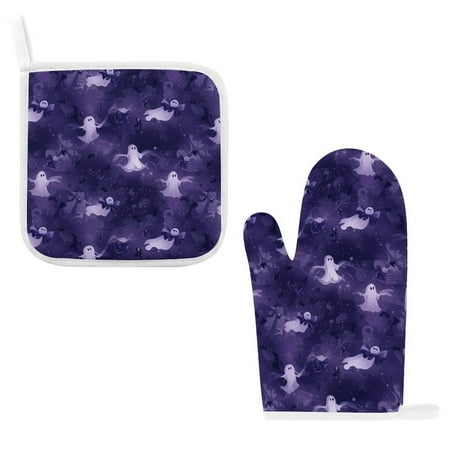

ZZZHY Ghosts Fancy Bows-379 Oven Mitts and Pot Holders Sets Heat Resistant Oven Gloves Cute Kitchen Mitts for Oven 2-Piece Baking Gloves Set for Cooking Grilling Baking