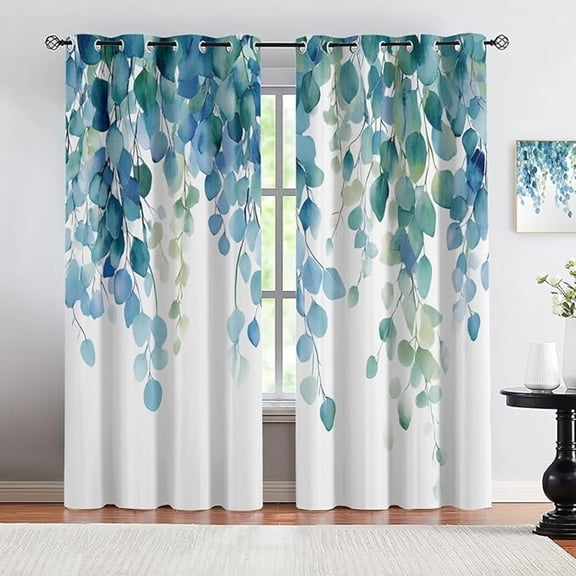 Boho Curtains, Watercolor Vine Blackout Curtains, Blue Green Leaf Grommet Curtain For Bedroom Living Room Dining Room Home Decor Darkening Window Drapes 42"W x 63"L (Pack of 2)