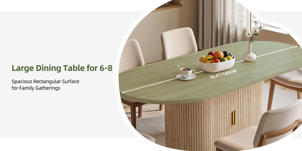 Uforic Oval Dining Table for 6-8 People, 70.9" Modern Kitchen Table with Fluted Base and Storage, Oak