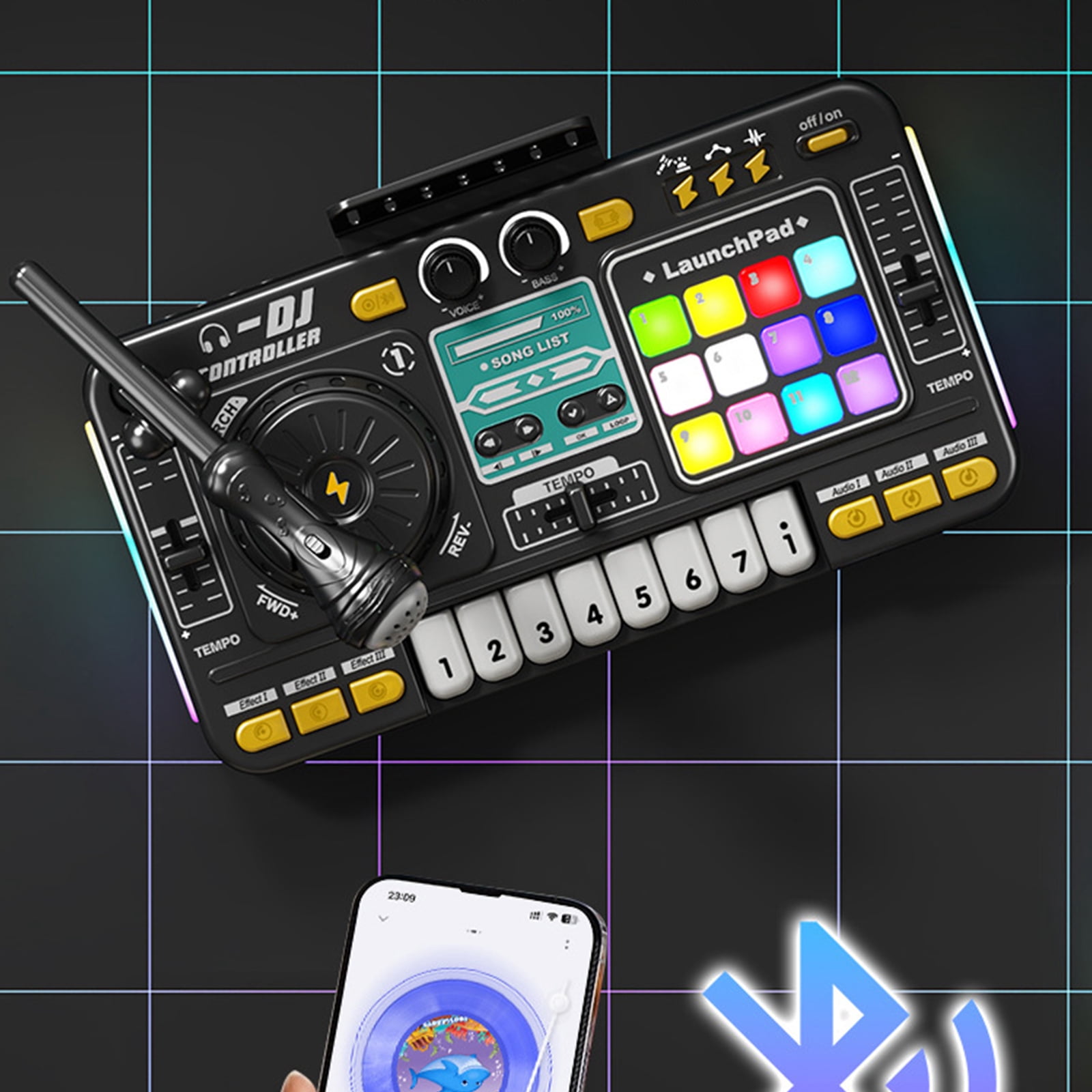 DJ Mixer for Kids with Microphone&Bluetooth, 8-Key Keyboard Piano Light up DJ Turntable with 12 MIDI, Piano Musical Instruments Toys for Boys Girls Birthday Gift for Kids Age 4 5 6 7+