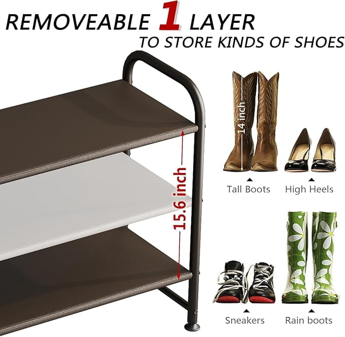 Seamika 3-Tier Metal Shoe Rack for Closet, Wide Shoe Shelf Organizer, Entryway Storage – Brown