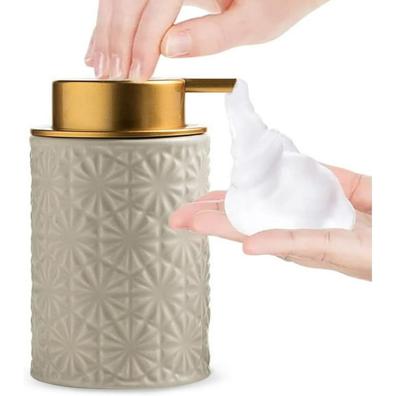 Elegant Foaming Soap Dispenser, Designed with Flower-Shaped Emboss, Ceramic Gold Hand Soap Dispenser for Bathroom (White)
