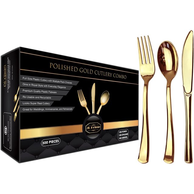 JL Prime 300 Piece Gold Plastic Silverware Set, Re-Usable Recyclable Plastic Cutlery, Gold Plastic Utensil, 100 Forks, 100 Spoons, 100 Knives, Great for Wedding, Anniversary, Rehearsal, Shower Events
