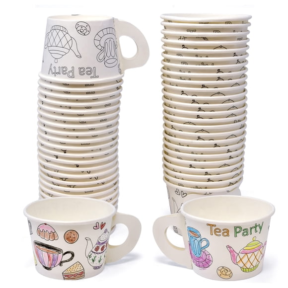 Gift Boutique 48 Count Color Your Own Tea Party Treat Cups with Handle 10oz Disposable Paper Snack Cup Dessert Ice Cream Teacup Bowls Color