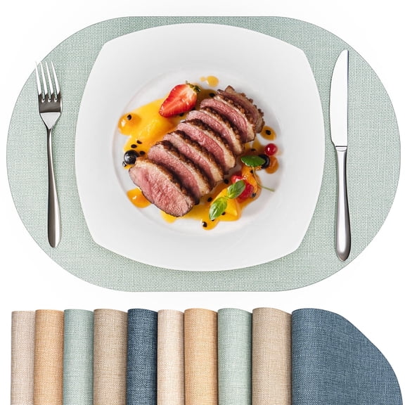 PROMATTOO Oval Vinyl Placemats Set of 6, Reversible Easy to Clean Washable Faux Leather Dining Table Mats,Sage Green