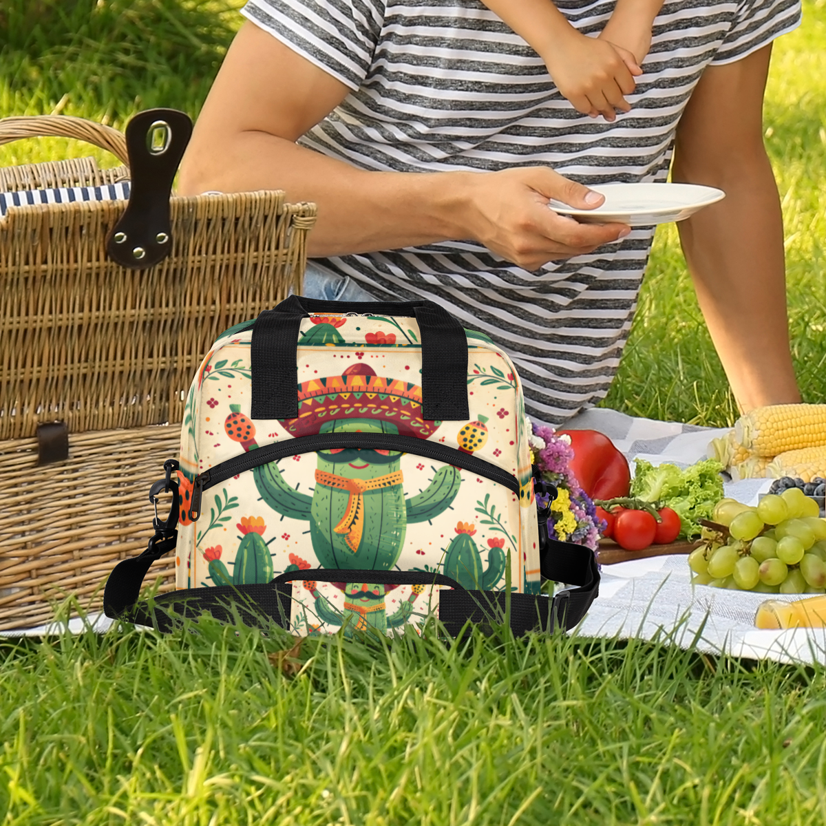 Herdesigns Hippie Cactus Insulated Lunch Bag for Women Men Adults Large Reusable Lunch Box Funny Cactus Leakproof Cooler Tote Bags with Adjustable Shoulder Strap