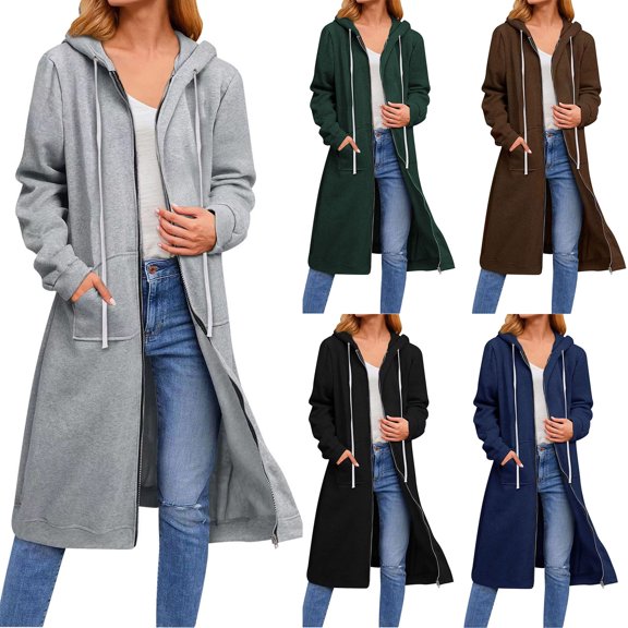 BVOFAR Long Hoodies for Women Full Zip Up Hooded Sweatshirts Loose Fit Solid Color Long Sleeve Coat Fall Travel Outwear