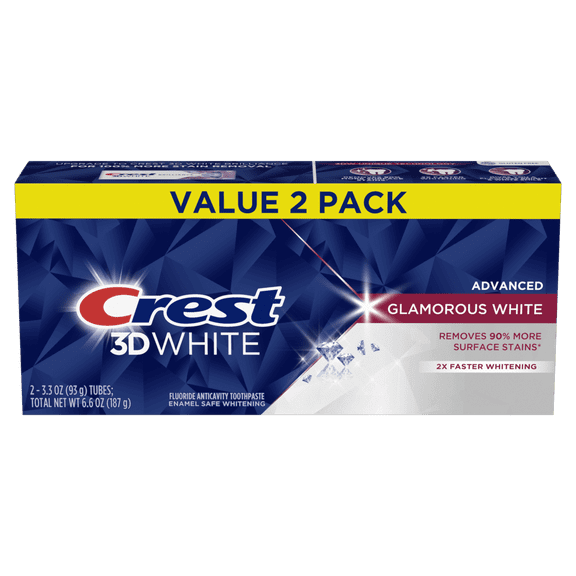 Crest 3D White Advanced Glamorous White Teeth Whitening Toothpaste, 3.3 oz, Pack of 2 (VALUE PACK)