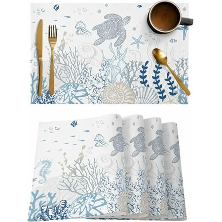 

Blue Coastal Placemats Set of 6 Nautical Summer Beach Placemats for Dining Table Sea Turtle Coral Shell Cotton and Linen Table Mats Washable for Kitchen Party Wedding Decor 13x19 Inches