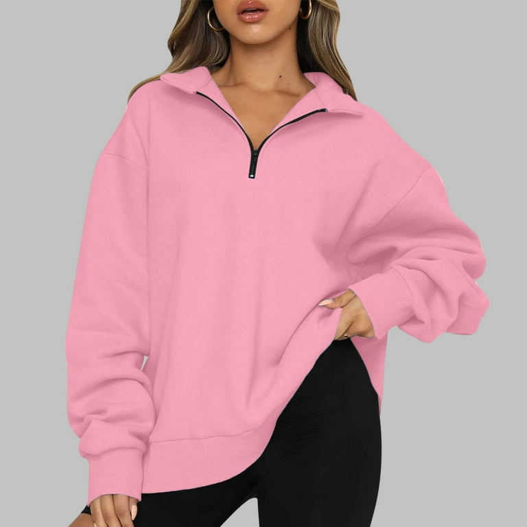 Yyeselk Womens Casual Oversized Half Zip Pullover Long Sleeve Sweatshirt  Quarter Zip Hoodie Sweater Teen Girls Relaxed Fit Solid Color Fall Spring  Y2K Clothes Tops Pink XXL 